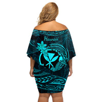 Hawaii Off Shoulder Short Dress Hammerhead Shark Tattoo Mix Polynesian Plumeria Turquoise Version LT14 - Polynesian Pride