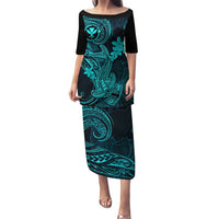 Hawaii Puletasi Hammerhead Shark Tattoo Mix Polynesian Plumeria Turquoise Version LT14 Long Dress Turquoise - Polynesian Pride