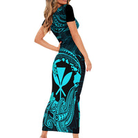 hawaii-short-sleeve-bodycon-dress-hammerhead-shark-tattoo-mix-polynesian-plumeria-turquoise-version