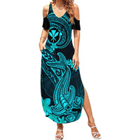 Hawaii Summer Maxi Dress Hammerhead Shark Tattoo Mix Polynesian Plumeria Turquoise Version LT14 Women Turquoise - Polynesian Pride