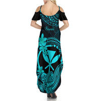 Hawaii Summer Maxi Dress Hammerhead Shark Tattoo Mix Polynesian Plumeria Turquoise Version LT14 - Polynesian Pride