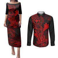 Hawaii Couples Matching Puletasi Dress and Long Sleeve Button Shirts Hammerhead Shark Tattoo Mix Polynesian Plumeria Red Version LT14 Red - Polynesian Pride