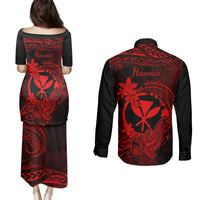 Hawaii Couples Matching Puletasi Dress and Long Sleeve Button Shirts Hammerhead Shark Tattoo Mix Polynesian Plumeria Red Version LT14 - Polynesian Pride