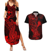 Hawaii Couples Matching Summer Maxi Dress and Hawaiian Shirt Hammerhead Shark Tattoo Mix Polynesian Plumeria Red Version LT14 Red - Polynesian Pride