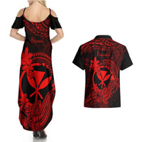 Hawaii Couples Matching Summer Maxi Dress and Hawaiian Shirt Hammerhead Shark Tattoo Mix Polynesian Plumeria Red Version LT14 - Polynesian Pride