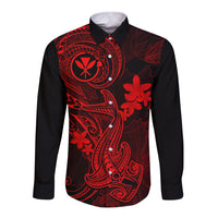 Hawaii Long Sleeve Button Shirt Hammerhead Shark Tattoo Mix Polynesian Plumeria Red Version LT14 Unisex Red - Polynesian Pride