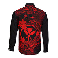 Hawaii Long Sleeve Button Shirt Hammerhead Shark Tattoo Mix Polynesian Plumeria Red Version LT14 - Polynesian Pride