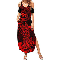 Hawaii Summer Maxi Dress Hammerhead Shark Tattoo Mix Polynesian Plumeria Red Version LT14 Women Red - Polynesian Pride