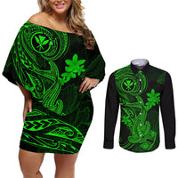 hawaii-couples-matching-off-shoulder-short-dress-and-long-sleeve-button-shirts-hammerhead-shark-tattoo-mix-polynesian-plumeria-green-version