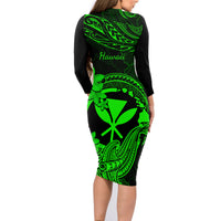 hawaii-family-matching-long-sleeve-bodycon-dress-and-hawaiian-shirt-hammerhead-shark-tattoo-mix-polynesian-plumeria-green-version
