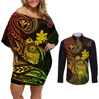 hawaii-couples-matching-off-shoulder-short-dress-and-long-sleeve-button-shirts-turtle-mix-polynesian-plumeria-reggae-version