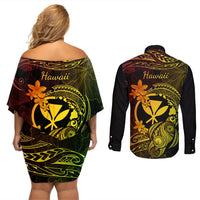 hawaii-couples-matching-off-shoulder-short-dress-and-long-sleeve-button-shirts-turtle-mix-polynesian-plumeria-reggae-version