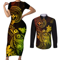 hawaii-couples-matching-short-sleeve-bodycon-dress-and-long-sleeve-button-shirts-turtle-mix-polynesian-plumeria-reggae-version