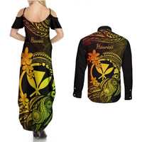 Hawaii Couples Matching Summer Maxi Dress and Long Sleeve Button Shirts Turtle Mix Polynesian Plumeria Reggae Version LT14 - Polynesian Pride