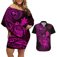 hawaii-couples-matching-off-shoulder-short-dress-and-hawaiian-shirt-turtle-mix-polynesian-plumeria-pink-version