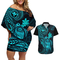 Hawaii Couples Matching Off Shoulder Short Dress and Hawaiian Shirt Turtle Mix Polynesian Plumeria Turquoise Version LT14 Turquoise - Polynesian Pride