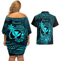 Hawaii Couples Matching Off Shoulder Short Dress and Hawaiian Shirt Turtle Mix Polynesian Plumeria Turquoise Version LT14 - Polynesian Pride