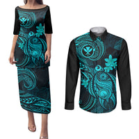Hawaii Couples Matching Puletasi Dress and Long Sleeve Button Shirts Turtle Mix Polynesian Plumeria Turquoise Version LT14 Turquoise - Polynesian Pride