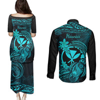 Hawaii Couples Matching Puletasi Dress and Long Sleeve Button Shirts Turtle Mix Polynesian Plumeria Turquoise Version LT14 - Polynesian Pride