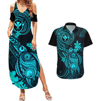 Hawaii Couples Matching Summer Maxi Dress and Hawaiian Shirt Turtle Mix Polynesian Plumeria Turquoise Version LT14 Turquoise - Polynesian Pride