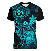 hawaii-women-v-neck-t-shirt-turtle-mix-polynesian-plumeria-turquoise-version