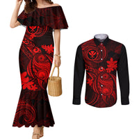 Hawaii Couples Matching Mermaid Dress and Long Sleeve Button Shirts Turtle Mix Polynesian Plumeria Red Version LT14 Red - Polynesian Pride