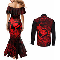 Hawaii Couples Matching Mermaid Dress and Long Sleeve Button Shirts Turtle Mix Polynesian Plumeria Red Version LT14 - Polynesian Pride