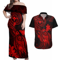 hawaii-couples-matching-off-shoulder-maxi-dress-and-hawaiian-shirt-turtle-mix-polynesian-plumeria-red-version