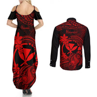 Hawaii Couples Matching Summer Maxi Dress and Long Sleeve Button Shirts Turtle Mix Polynesian Plumeria Red Version LT14 - Polynesian Pride