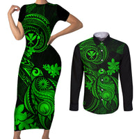 hawaii-couples-matching-short-sleeve-bodycon-dress-and-long-sleeve-button-shirts-turtle-mix-polynesian-plumeria-green-version