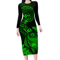 hawaii-family-matching-long-sleeve-bodycon-dress-and-hawaiian-shirt-turtle-mix-polynesian-plumeria-green-version