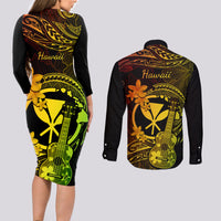 hawaii-couples-matching-long-sleeve-bodycon-dress-and-long-sleeve-button-shirts-ukulele-mix-polynesian-plumeria-reggae-version