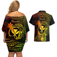 Hawaii Couples Matching Off Shoulder Short Dress and Hawaiian Shirt Ukulele Mix Polynesian Plumeria Reggae Version LT14 - Polynesian Pride