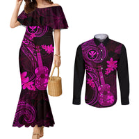 Hawaii Couples Matching Mermaid Dress and Long Sleeve Button Shirts Ukulele Mix Polynesian Plumeria Pink Version LT14 Pink - Polynesian Pride