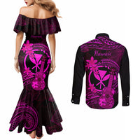 Hawaii Couples Matching Mermaid Dress and Long Sleeve Button Shirts Ukulele Mix Polynesian Plumeria Pink Version LT14 - Polynesian Pride