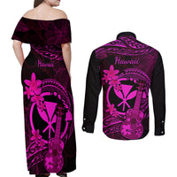hawaii-couples-matching-off-shoulder-maxi-dress-and-long-sleeve-button-shirts-ukulele-mix-polynesian-plumeria-pink-version