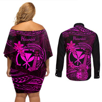 Hawaii Couples Matching Off Shoulder Short Dress and Long Sleeve Button Shirts Ukulele Mix Polynesian Plumeria Pink Version LT14 - Polynesian Pride