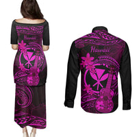 hawaii-couples-matching-puletasi-dress-and-long-sleeve-button-shirts-ukulele-mix-polynesian-plumeria-pink-version