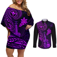 hawaii-couples-matching-off-shoulder-short-dress-and-long-sleeve-button-shirts-ukulele-mix-polynesian-plumeria-purple-version