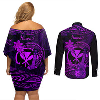 hawaii-couples-matching-off-shoulder-short-dress-and-long-sleeve-button-shirts-ukulele-mix-polynesian-plumeria-purple-version