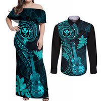 hawaii-couples-matching-off-shoulder-maxi-dress-and-long-sleeve-button-shirts-ukulele-mix-polynesian-plumeria-turquoise-version