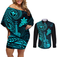 hawaii-couples-matching-off-shoulder-short-dress-and-long-sleeve-button-shirts-ukulele-mix-polynesian-plumeria-turquoise-version