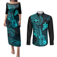 Hawaii Couples Matching Puletasi Dress and Long Sleeve Button Shirts Ukulele Mix Polynesian Plumeria Turquoise Version LT14 Turquoise - Polynesian Pride
