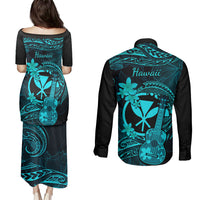 Hawaii Couples Matching Puletasi Dress and Long Sleeve Button Shirts Ukulele Mix Polynesian Plumeria Turquoise Version LT14 - Polynesian Pride