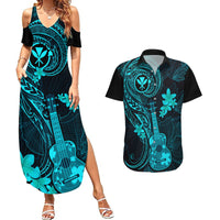 Hawaii Couples Matching Summer Maxi Dress and Hawaiian Shirt Ukulele Mix Polynesian Plumeria Turquoise Version LT14 Turquoise - Polynesian Pride