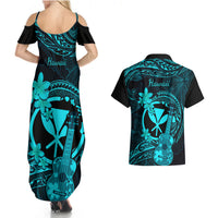 Hawaii Couples Matching Summer Maxi Dress and Hawaiian Shirt Ukulele Mix Polynesian Plumeria Turquoise Version LT14 - Polynesian Pride