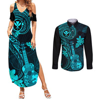 hawaii-couples-matching-summer-maxi-dress-and-long-sleeve-button-shirts-ukulele-mix-polynesian-plumeria-turquoise-version