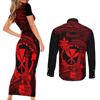 hawaii-couples-matching-short-sleeve-bodycon-dress-and-long-sleeve-button-shirts-ukulele-mix-polynesian-plumeria-red-version