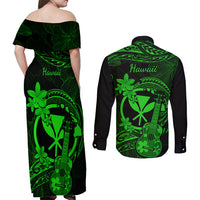 hawaii-couples-matching-off-shoulder-maxi-dress-and-long-sleeve-button-shirts-ukulele-mix-polynesian-plumeria-green-version