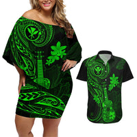 hawaii-couples-matching-off-shoulder-short-dress-and-hawaiian-shirt-ukulele-mix-polynesian-plumeria-green-version
